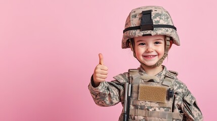 Cute Young Child in Military Costume with Thumbs Up