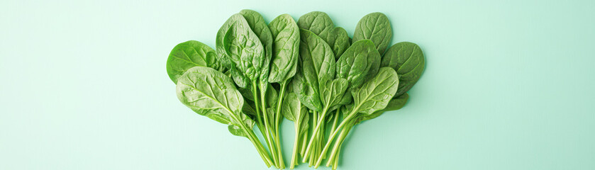 A bunch of green spinach leaves are arranged in a row