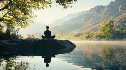 a person taking a deep breath in a peaceful natural setting, symbolizing relaxation and mindfulness