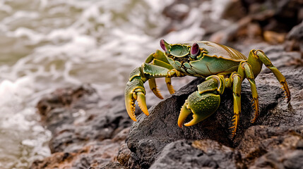 A photo of a green crab on a rocky beach, positioned next to the ocean.