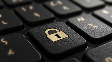 A gold lock symbol on a black keyboard key, representing security and data protection in the...