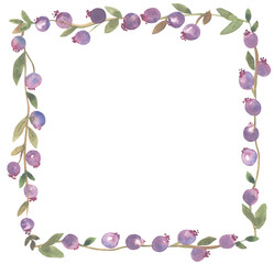 Hand painted watercolor illustration of twigs with purple berries in a frame design. Painted illustration of a frame of twigs with leaves and berries. Ideal for Christmas and other holiday decorations