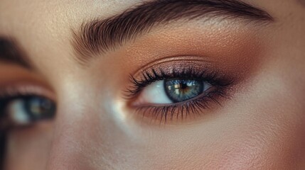 Obraz premium A stunning close-up shot of a blue eye with meticulously applied makeup, showcasing shades of brown eyeshadow and perfectly defined brows and lashes.