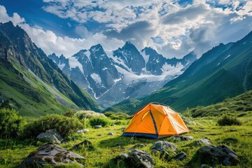 A small yellow tent is set up in a grassy field next to a mountain, generative ai image