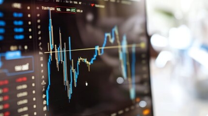 Vibrant and colorful line graphs displayed on a digital screen, depicting dynamic fluctuations in financial data, representing market analysis and trends.