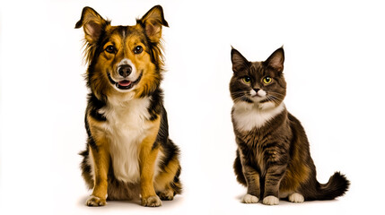 A plain white background with a dog on one side and a cat on the other.