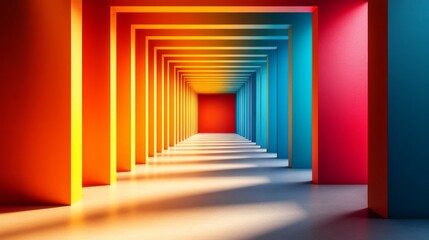 Fototapeta premium A captivating hallway featuring vibrant gradient colors, creating a visually striking and modern visual interpretation of space, perspective, and depth.