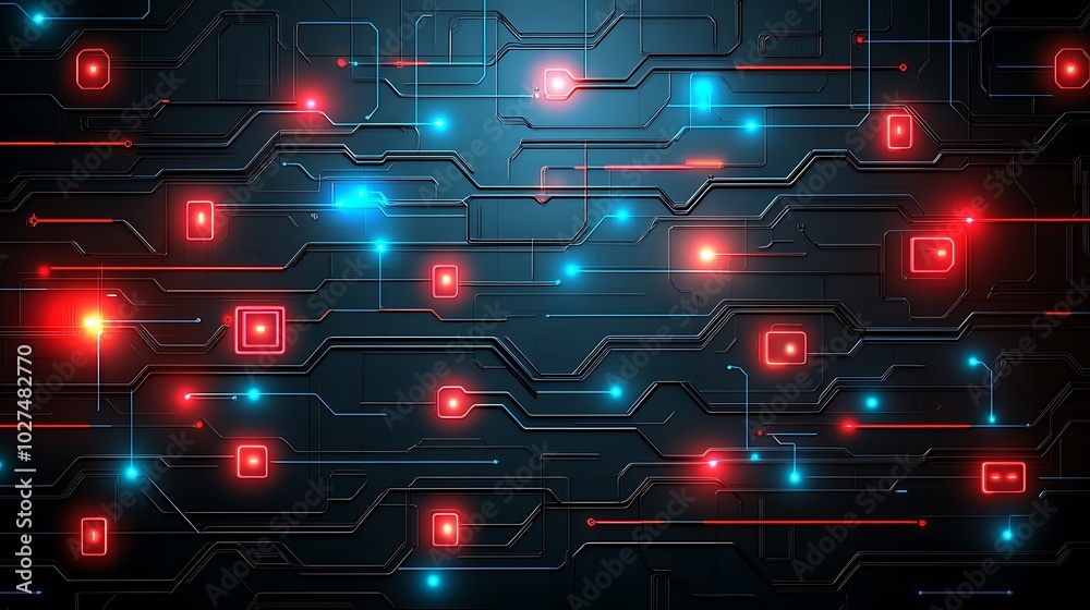 Poster abstract digital circuit board background with glowing red and blue lights.