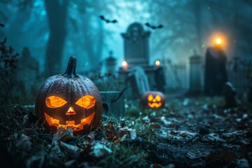 Obraz premium A Halloween scene with a graveyard and a castle in the background