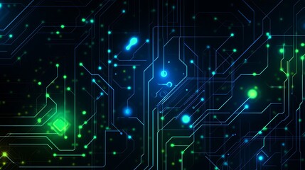 Obraz premium Abstract digital circuit board with glowing green and blue lights.