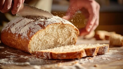 a loaf of artisan bread being sliced, illustrating craftsmanship and tradition