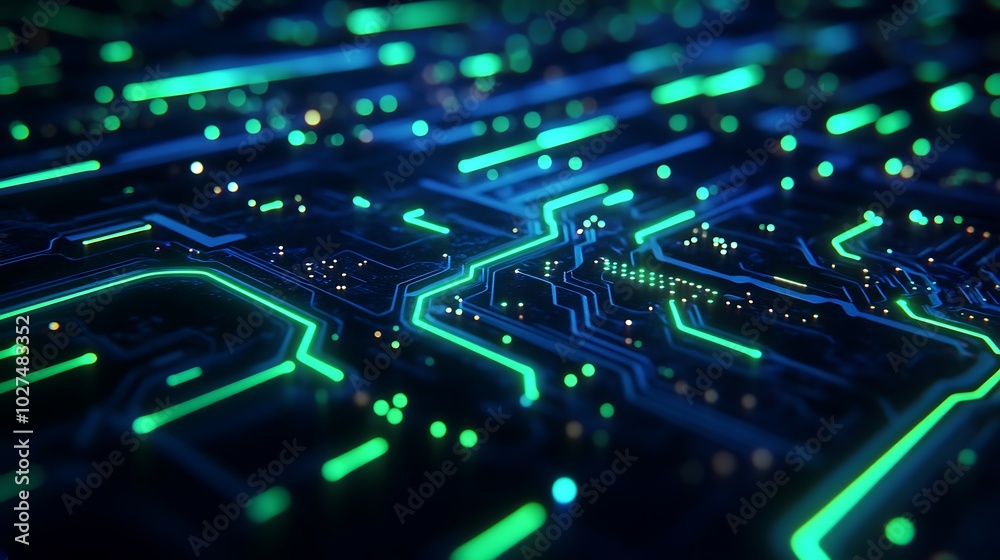 Poster abstract digital circuit board with glowing green lines.