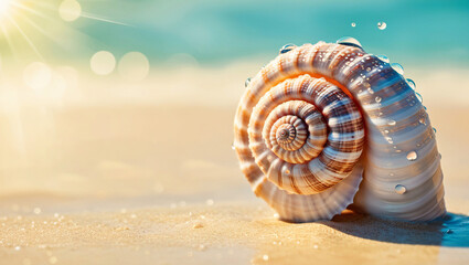 Seashell on the summer beach in sea water Summer background Summer time. Creative banner. Copyspace image