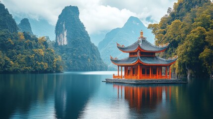 Obraz premium A beautiful Chinese pavilion floating on a serene lake, surrounded by lush greenery and majestic mountains, evoking a sense of peace and balance in nature.