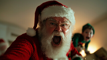 Santa Claus with annoyed look, expressing frustration during holiday season. His intense expression captures chaotic spirit of Christmas festivities
