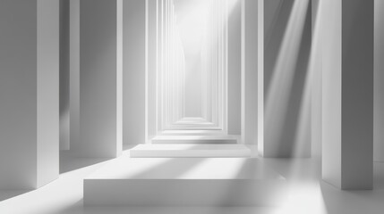 Obraz premium Modern white room interior with architectural columns and sunlight streaming through the ceiling minimalist design, contemporary architecture, clean lines and spaces