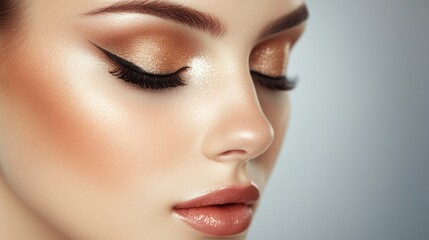 This close-up image captures a woman's face with bold, glamorous eye makeup including winged eyeliner and shimmering eyeshadow, radiating beauty and sophistication.