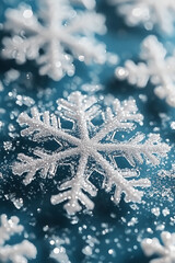 Glittering white snowflake on blue background with frost