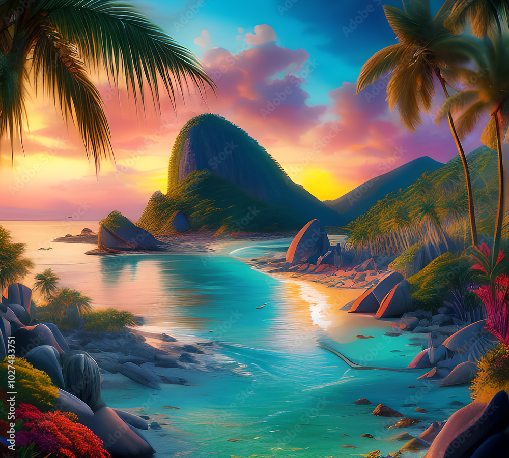 Wall mural beautiful exotic beach in bright colors abstract wavy background made with paints.generative ai