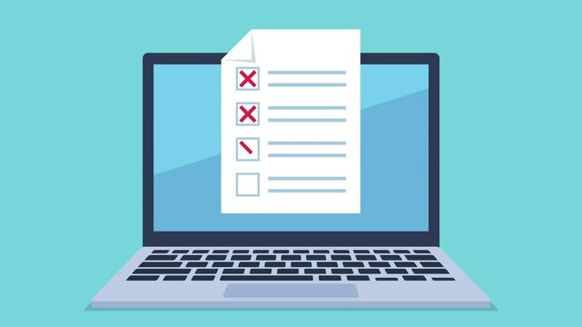 The laptop screen displays a document with test. The test is filled out incorrectly. A red cross appears in the answer spaces. Flat design animation.