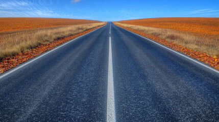 Fototapeta premium Autumnal Road with Golden Fields and Crisp Blue Sky
