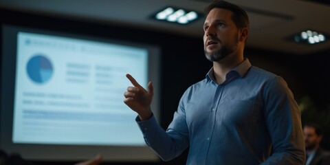 Fototapeta premium A confident presenter conveys insightful information in a contemporary business setting, illustrating effective communication and professional engagement with an audience.