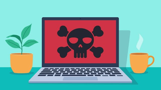 The laptop screen displays an email application. The user clicks on the attachment, which turns out to be a Trojan with a hidden virus. The computer is infected and taken over by the hacker.