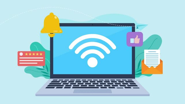 Animation of a laptop on the screen of which a wifi connection icon is displayed. A notification bell, thumbs up, comment and customer opinion appear, and an envelope with a message opens.