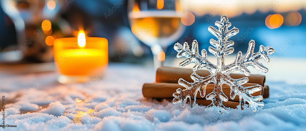 Poster beautiful winter scene featuring sparkling snowflake resting on cinnamon sticks, surrounded by soft 