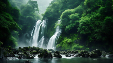 Obraz premium Misty Waterfall in Lush Green Forest