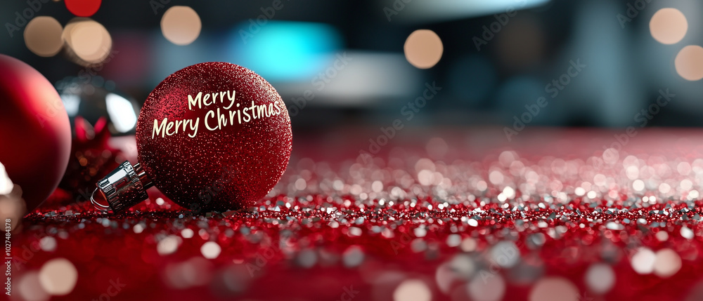 Poster merry christmas ornament on sparkling red surface, creating festive atmosphere filled with joy and c