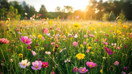 A field of flowers with a bright sun shining on them