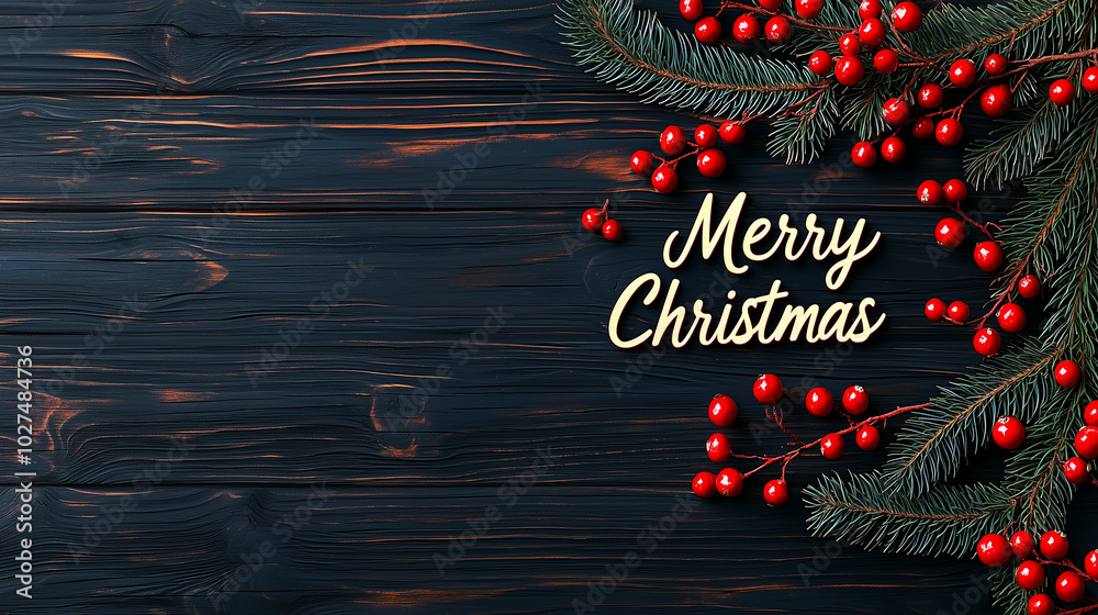 Poster merry christmas written in elegant script surrounded by festive red berries and evergreen branches o
