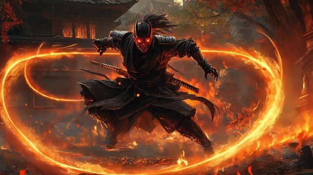 samurai ninja with fire sword, Samurai warrior with katana sword, samurai holding samurai sword, footage, 4k footage, videos, video clip, slow motion, video wallpaper, animation, 4k, short video