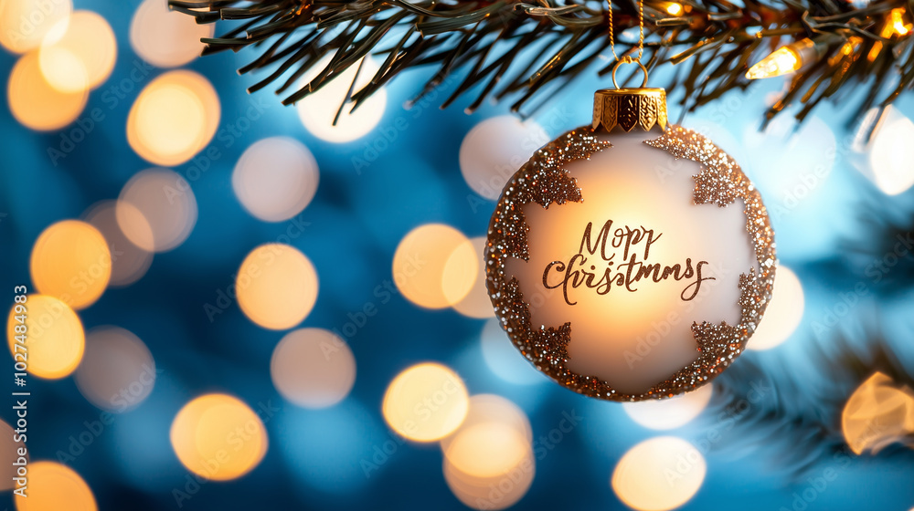 Poster merry christmas ornament hanging on tree branch, surrounded by soft bokeh lights, creating warm and 