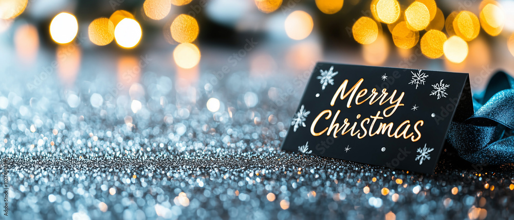Poster Merry Christmas card on sparkling surface with festive bokeh lights creating joyful atmosphere. elegant design adds touch of luxury to holiday spirit