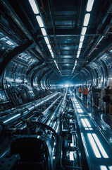 Obraz premium An advanced industrial facility featuring complex machinery and futuristic design elements, highlighting technology, engineering, and innovation.