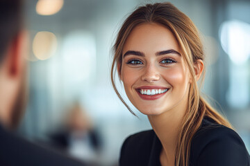 Obraz premium A woman with blonde hair and a smile is looking at the camera