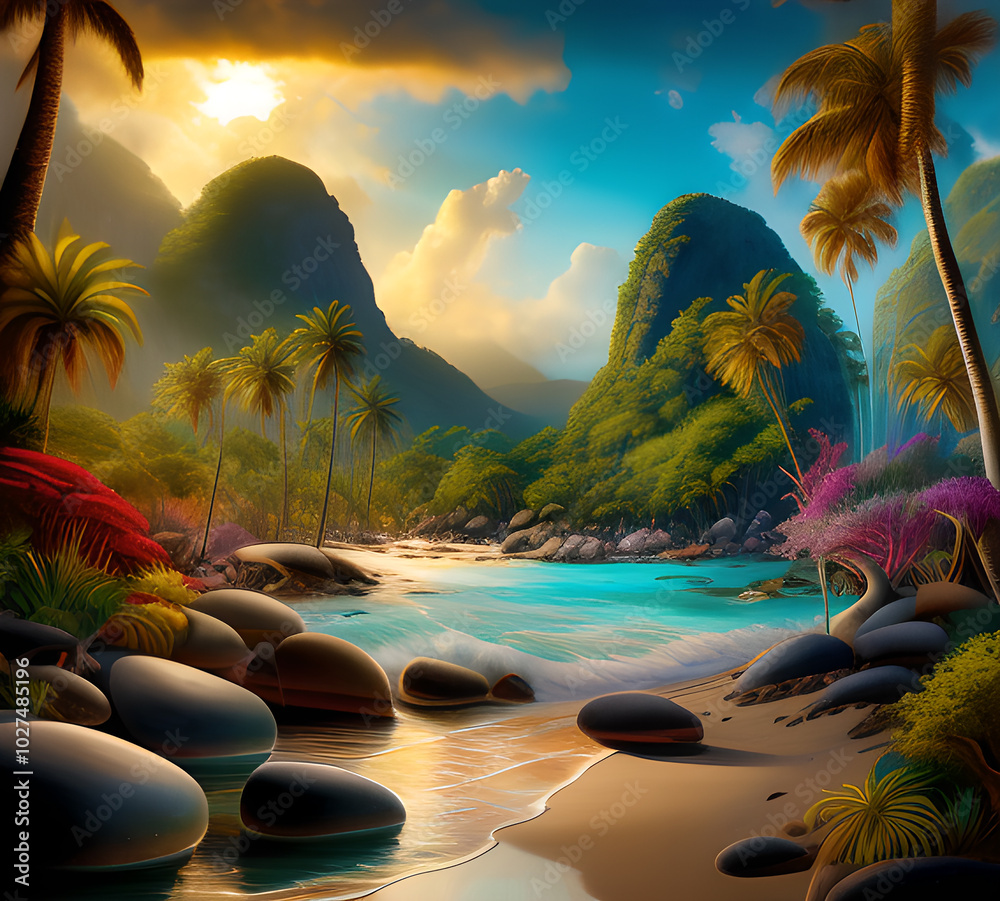 Canvas Prints beautiful exotic beach in bright colors abstract wavy background made with paints.generative ai