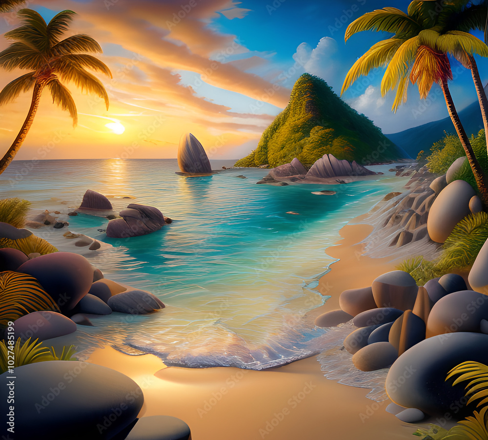 Canvas Prints beautiful exotic beach in bright colors abstract wavy background made with paints.generative ai