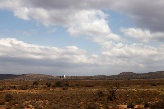 Windmill supplying water to sheep and cettle at a stock sorting point on a Karoo farm, South Africa