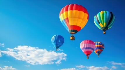 Naklejka premium A vibrant display of hot air balloons ascends against a clear blue backdrop, creating a joyful atmosphere on a beautiful day. Generative AI