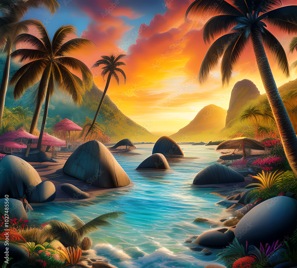 Canvas Prints beautiful exotic beach in bright colors abstract wavy background made with paints.generative ai