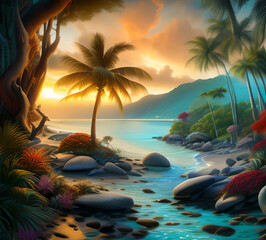 Beautiful exotic beach in bright colors abstract wavy background made with paints.generative ai