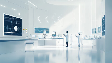 A minimalist lab with smooth surfaces, clean glass instruments, and healthcare workers in simple, modern attire analyzing data on uncluttered screens in a white, airy space