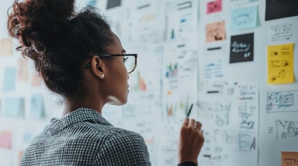 A creative industry professional in a close-up, making notes on a whiteboard filled with marketing and design strategies