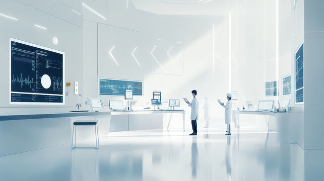 A minimalist lab with smooth surfaces, clean glass instruments, and healthcare workers in simple, modern attire analyzing data on uncluttered screens in a white, airy space