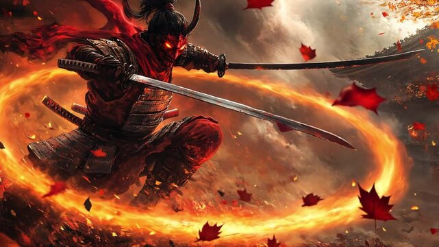 samurai ninja with fire sword, Samurai warrior with katana sword, samurai holding samurai sword, footage, 4k footage, videos, video clip, slow motion, video wallpaper, animation, 4k, short video