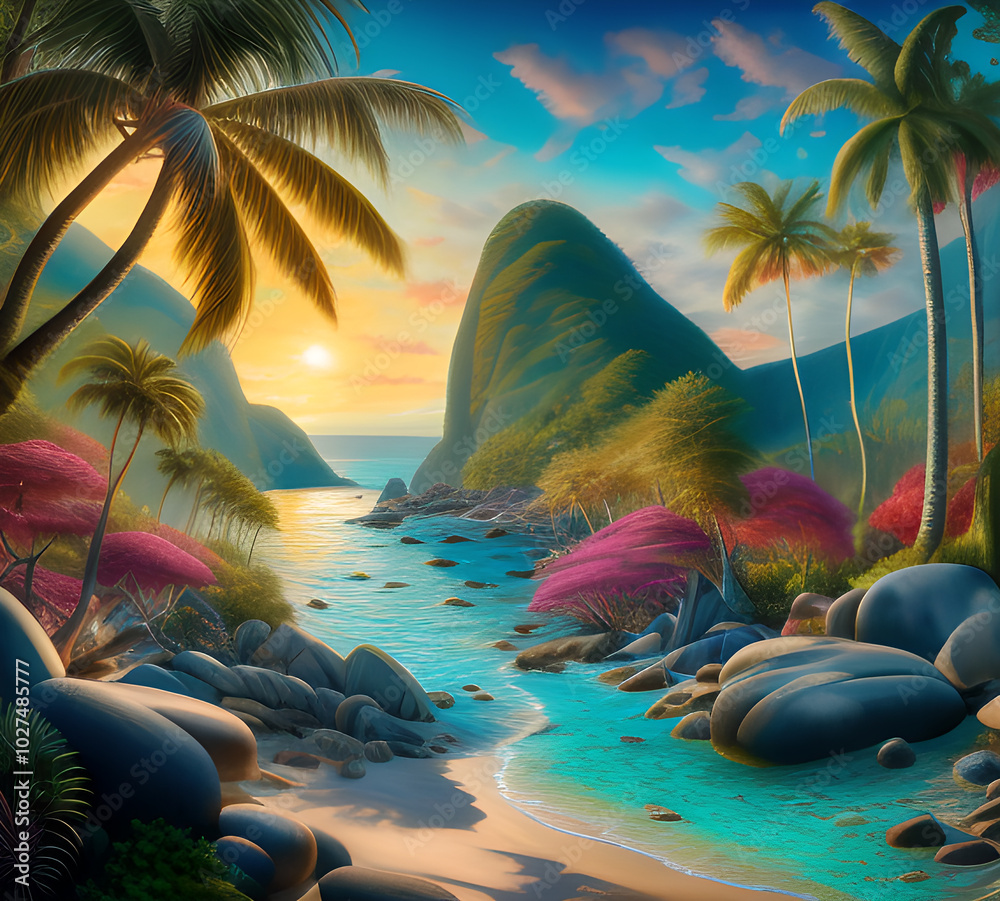 Canvas Prints beautiful exotic beach in bright colors abstract wavy background made with paints.generative ai