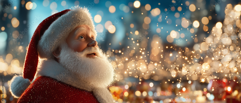 Poster santa claus looking up with joyful expression amidst festive background filled with sparkling lights